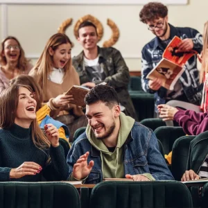 University Tour in Malaysia & Singapore-group-cheerful-happy-students-sitting-lecture-hall-before-lesson