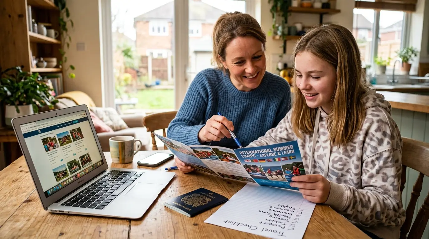 Parent and teenager comparing international summer camp cost and program options