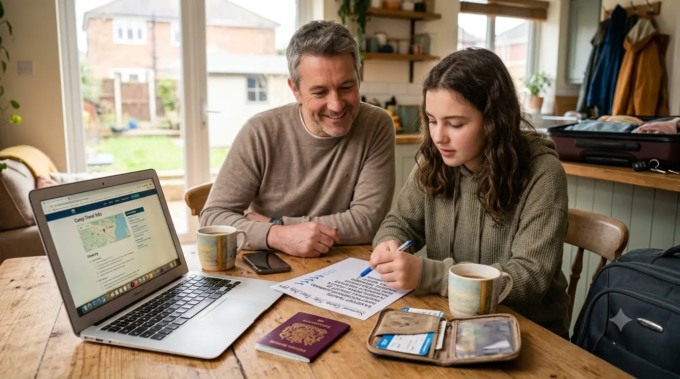 Parent reviewing a summer camp safety checklist with a teenager before international travel