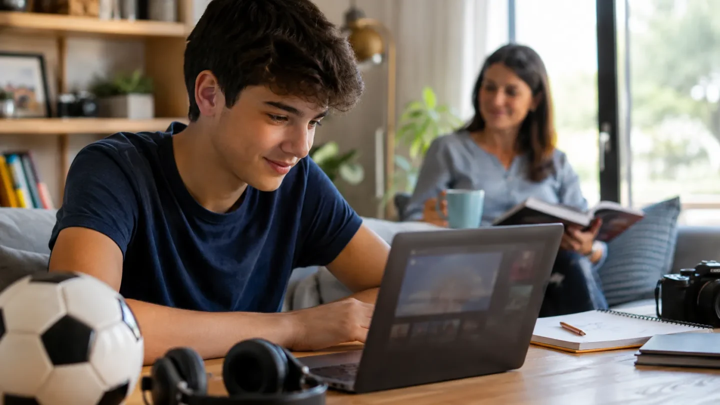 Teenager engaging with English content related to a personal interest while a parent gives space nearby