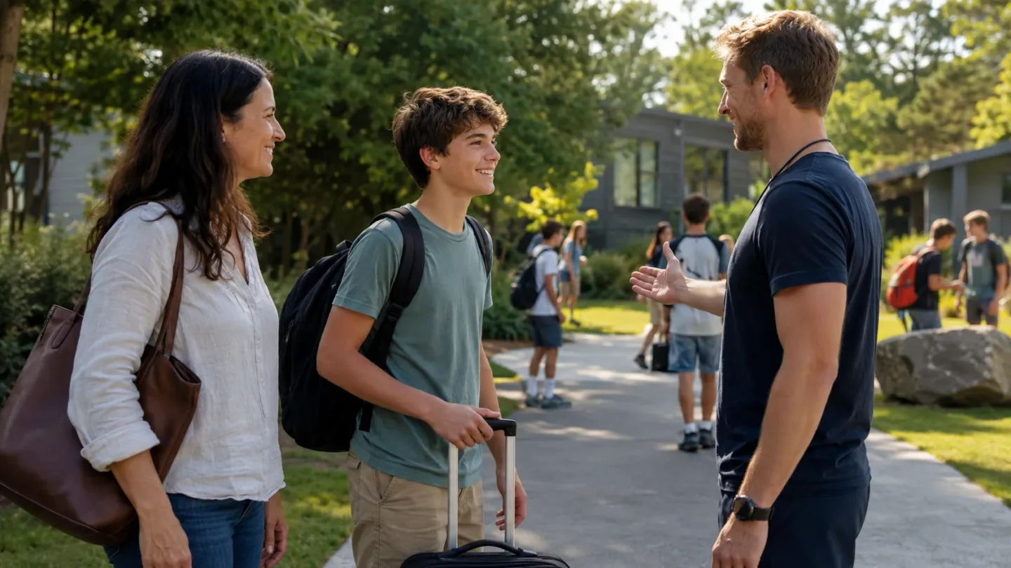 Teenager arriving at a residential summer camp with a supportive parent and camp leader