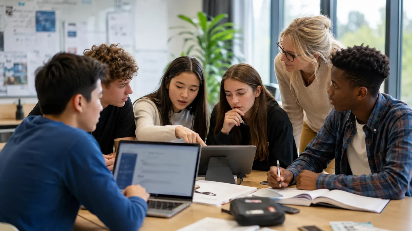 Teenagers using artificial intelligence collaboratively while checking and discussing the generated information
