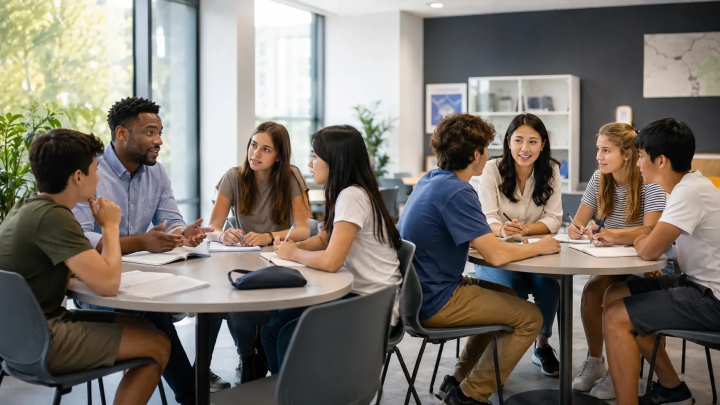Two qualified English teachers from different backgrounds facilitating small teen language groups
