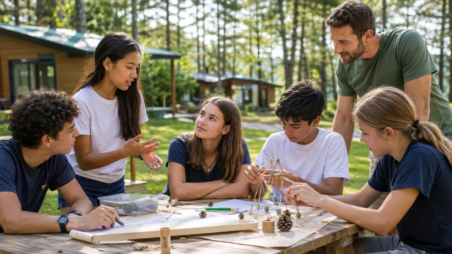 International teenagers working together on a supervised summer camp team activity