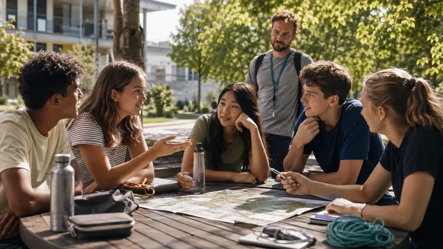 International teenagers using English naturally during a supervised group activity at summer camp