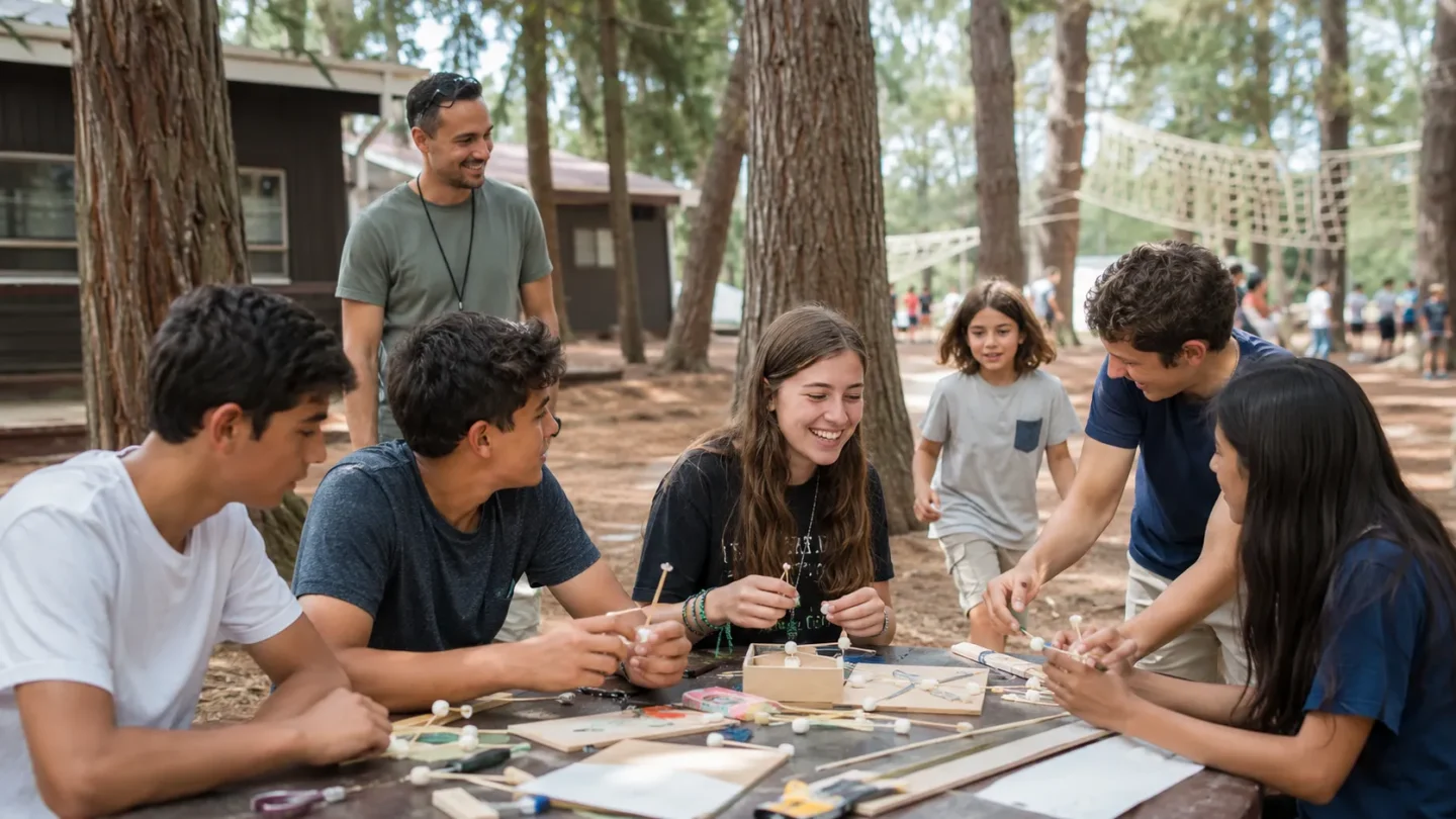 Mixed-age teenagers taking part in a supervised residential summer camp group activity