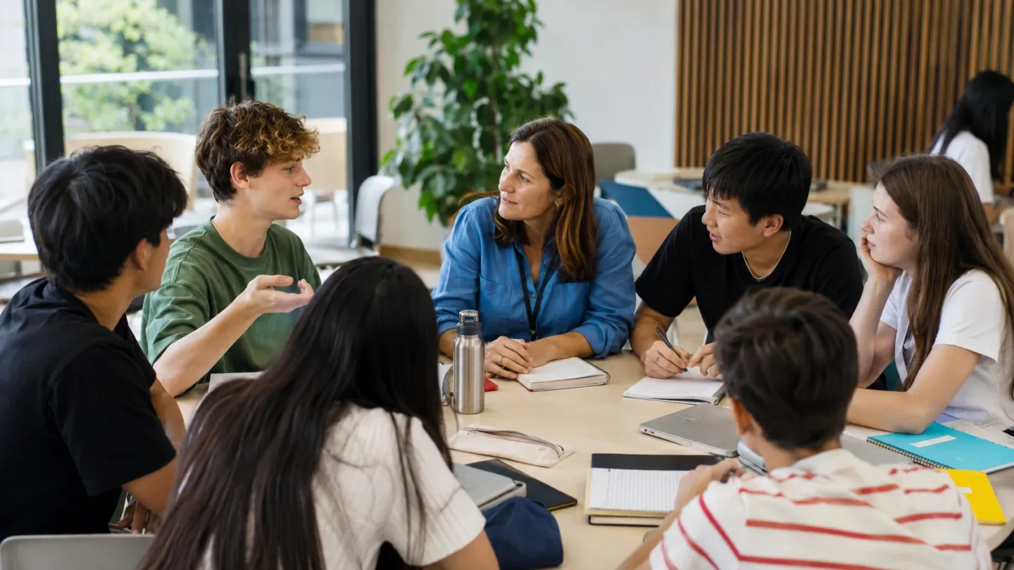 English teacher facilitating a practical speaking activity with international teenagers