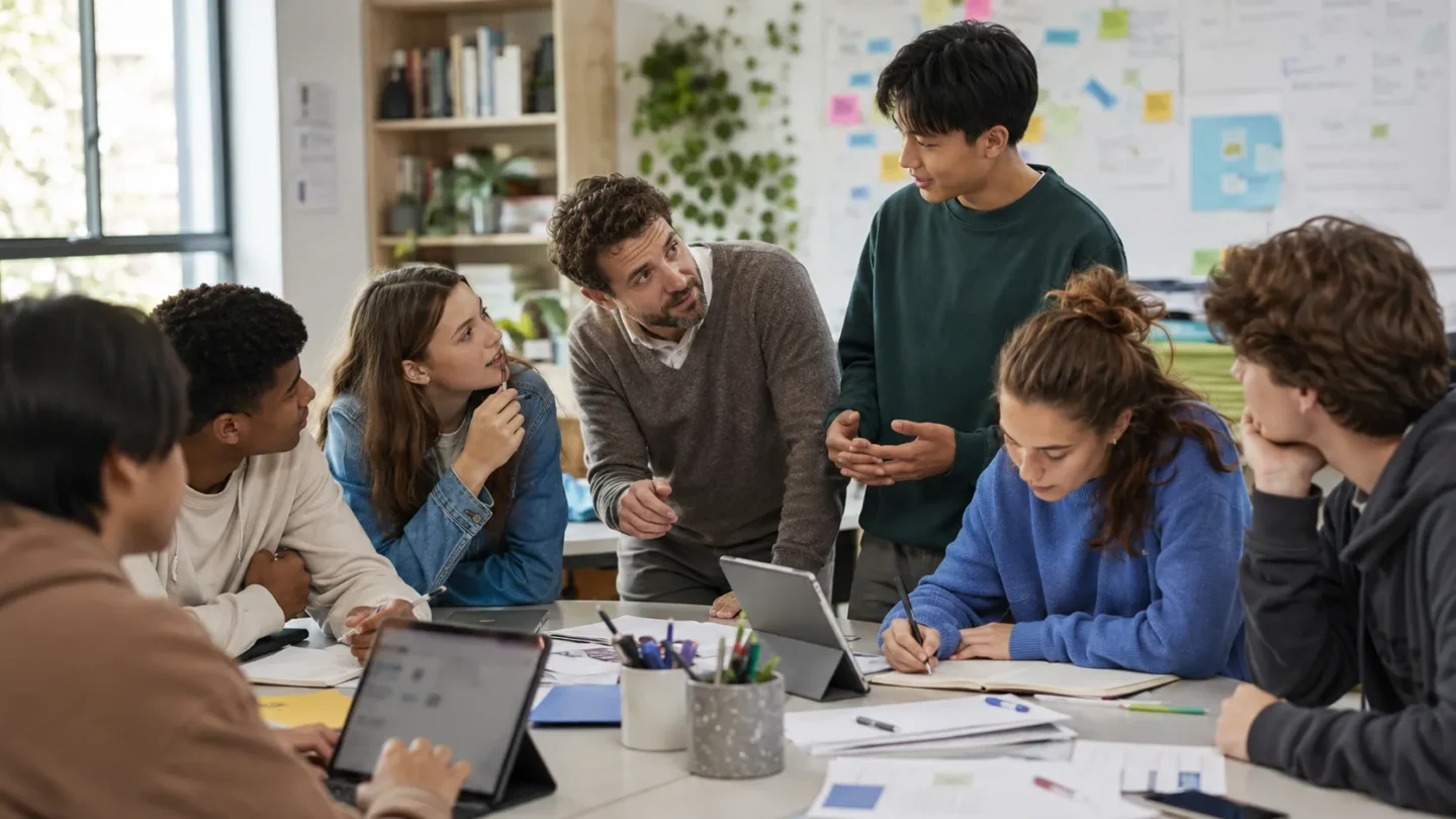 Teacher guiding international teenagers through an AI-supported learning activity with discussion and teamwork