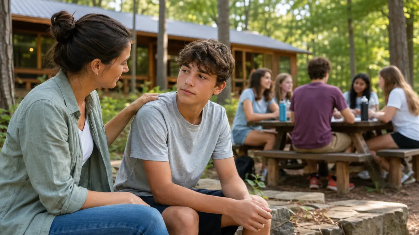 Camp leader supporting a homesick teenager during an international summer camp