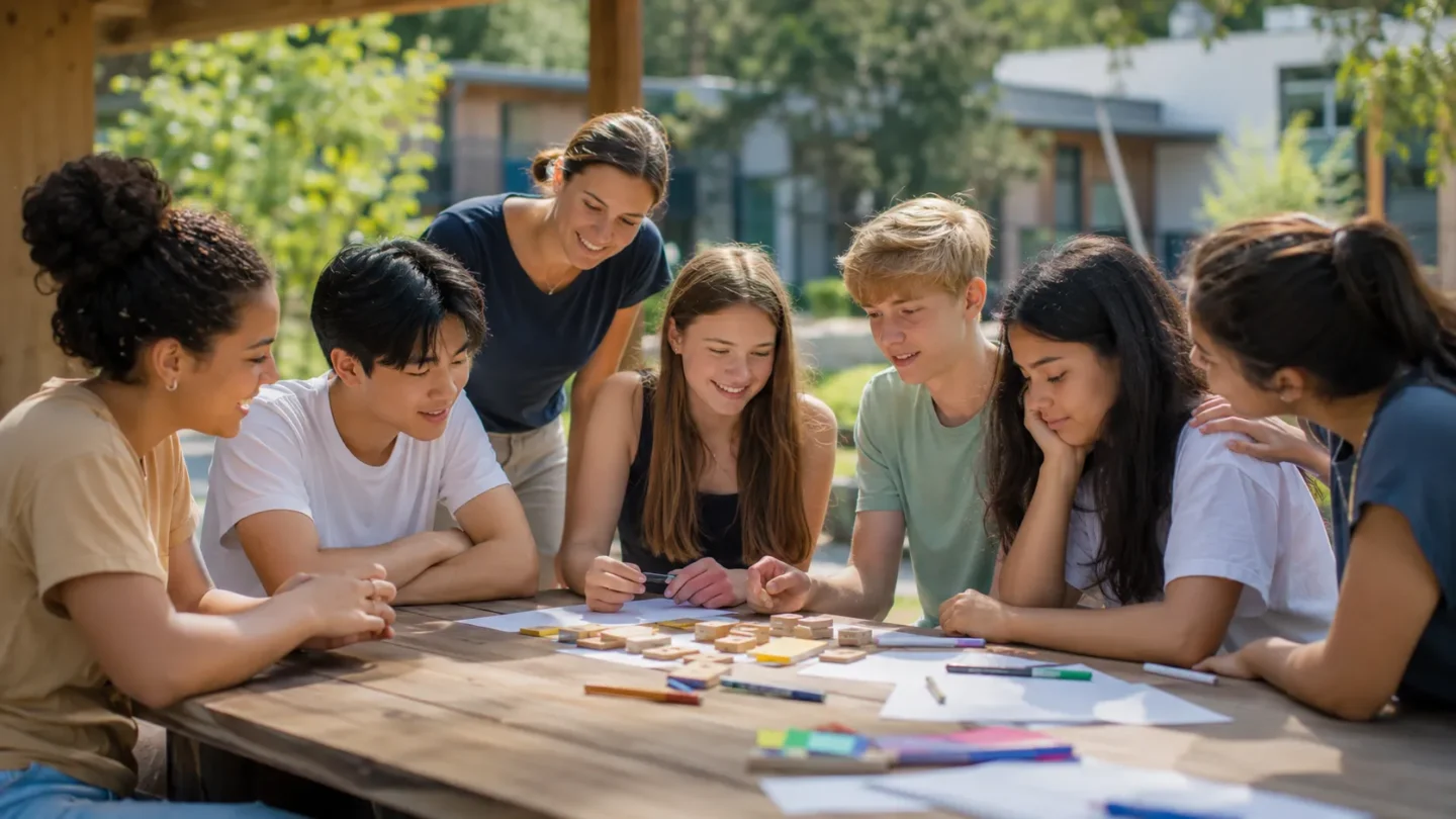 International teenagers joining a supervised welcome activity on the first day of summer camp