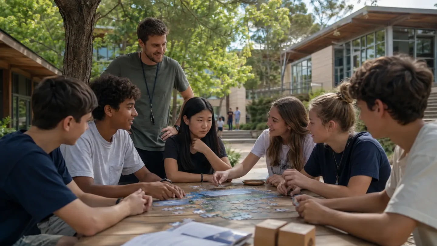 First-time teenage campers joining a supervised international summer camp group activity