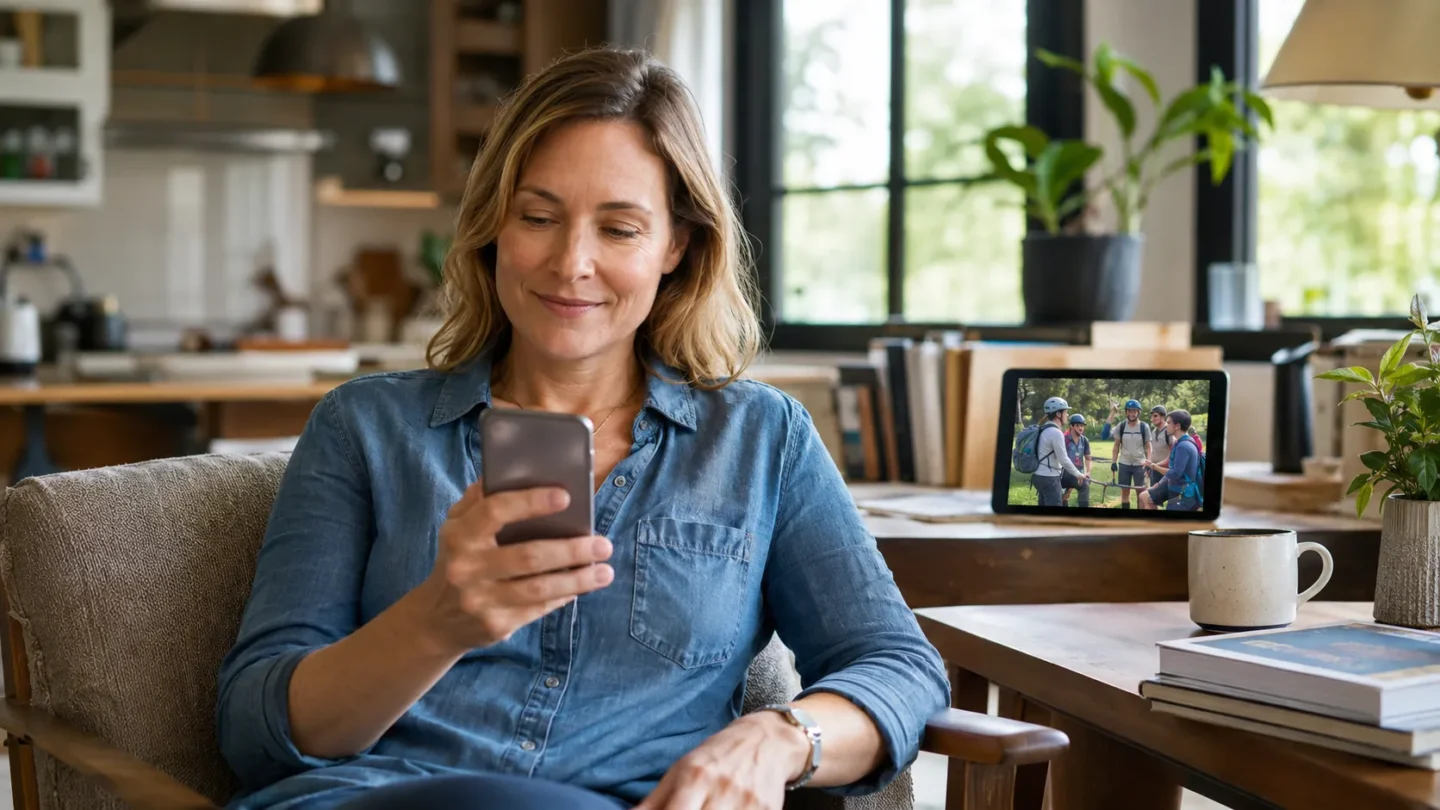 Parent receiving a brief phone update while their teenager participates in a supervised summer camp activity
