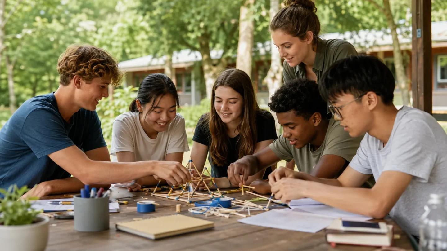 International teenagers building confidence through a supervised summer camp activity