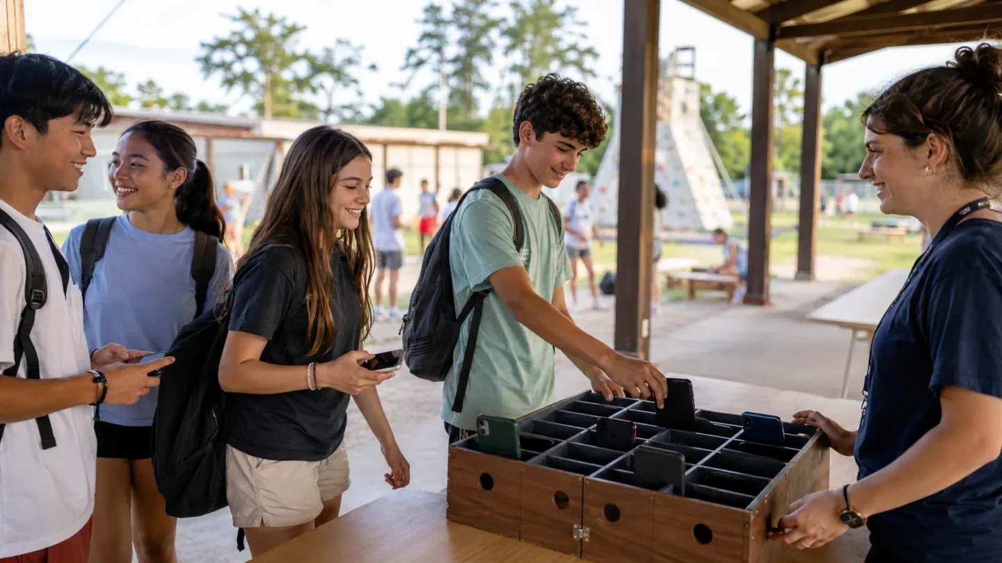 Teenagers placing smartphones into supervised storage before a summer camp group activity