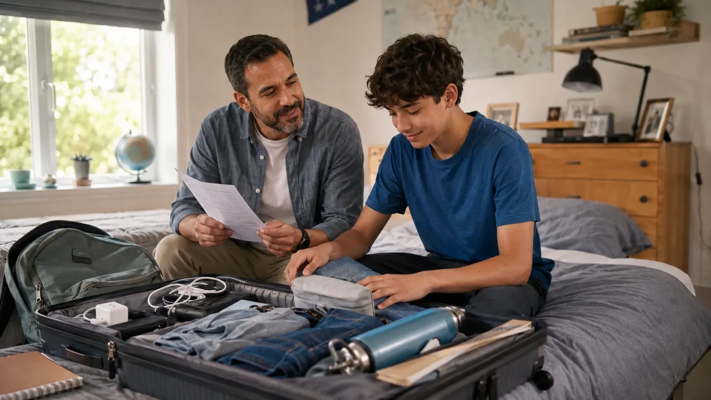 Parent and teenager reviewing travel plans and packing essentials before a first trip without parents
