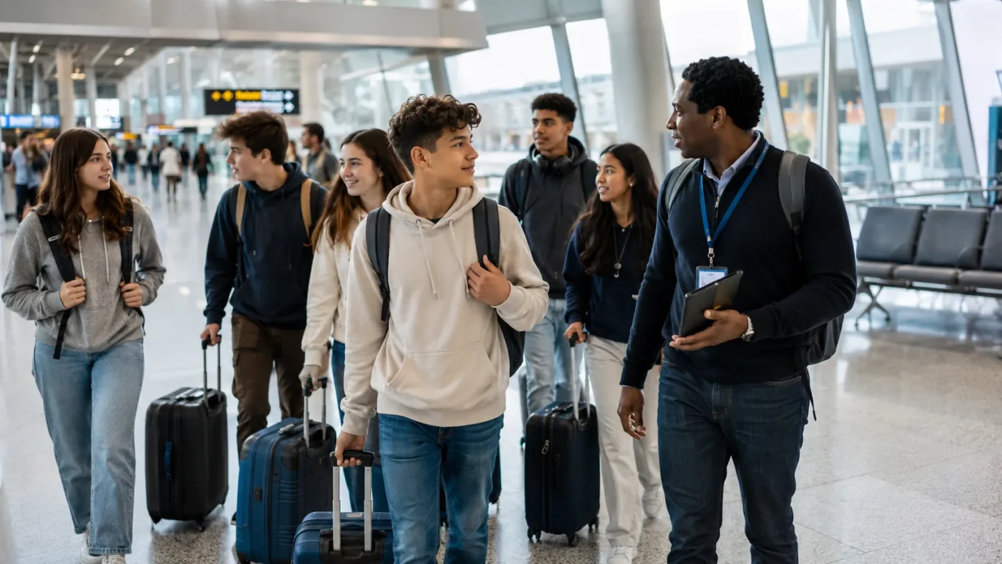Teenager travelling with a supervised group during a first international trip without parents